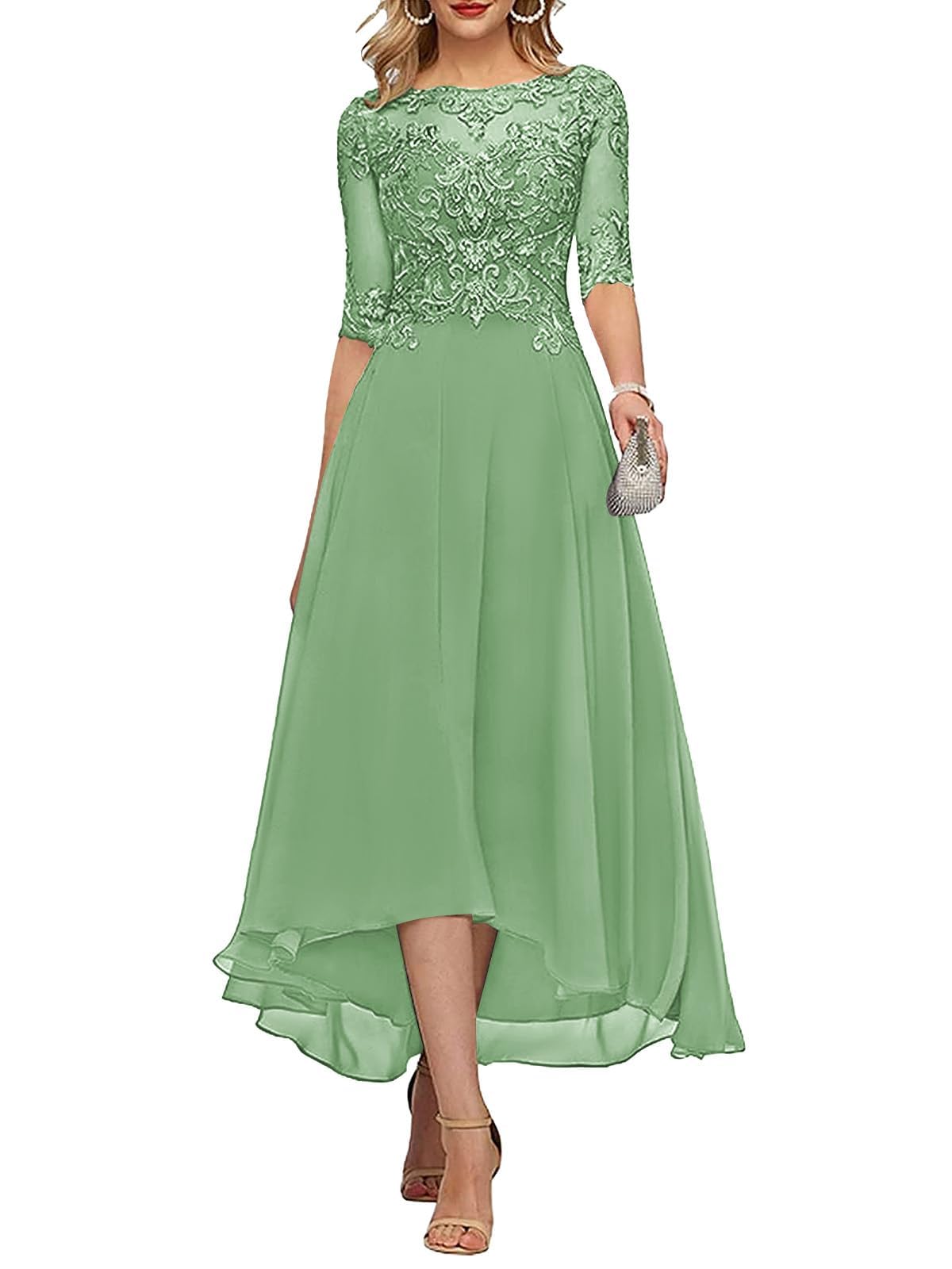 Kurface Women's Sage Green Tea Length Mother Of The Bride Dresses Lace Applique A Line Formal Dress With Sleeves Chiffon Grandmother Dress Uk14