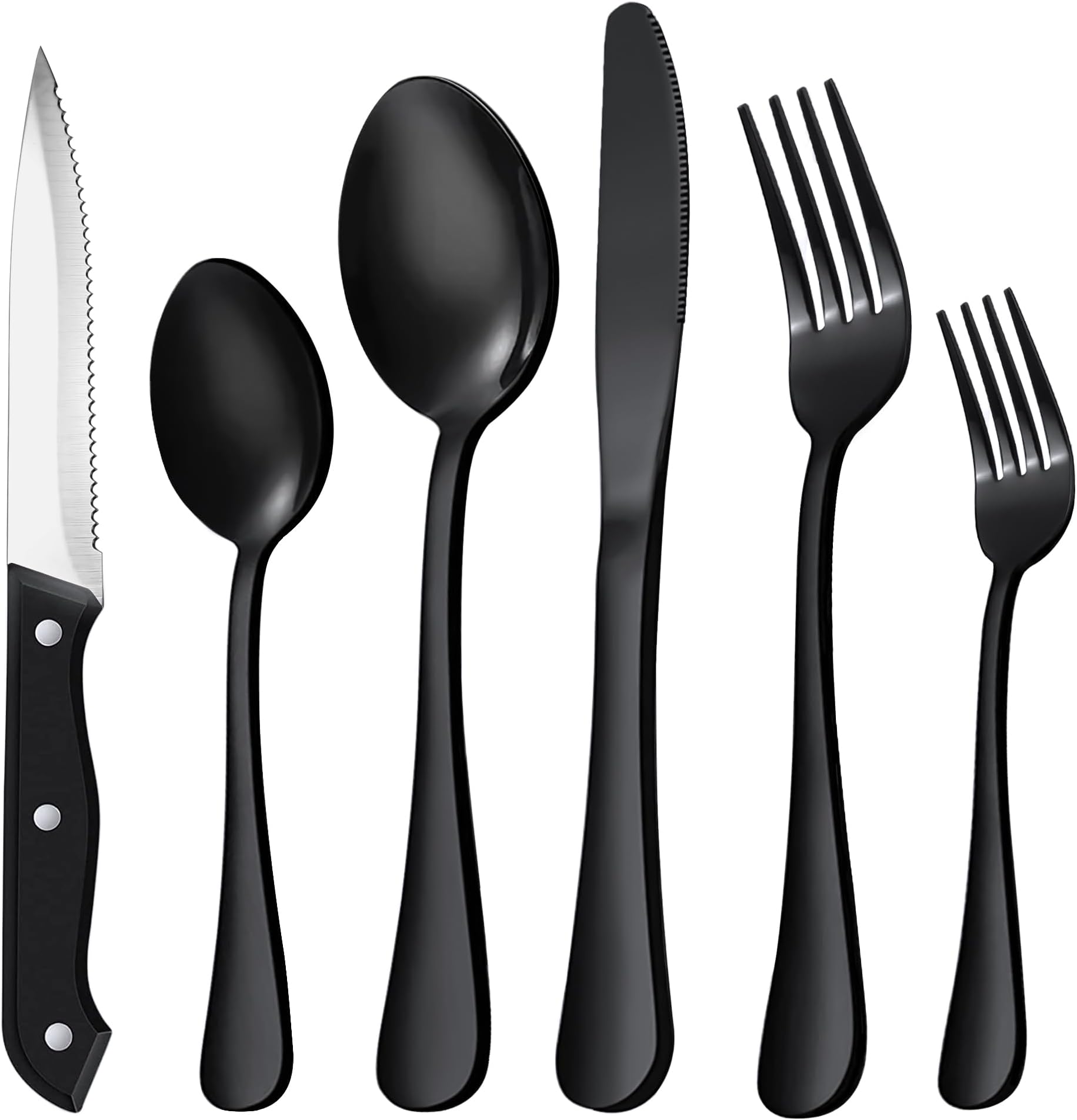 Silverware Set, 72-Piece Black Silverware Set with Steak Knives Stainless Steel Cutlery Set for 12 Includes Knives Forks and Spoons Kitchen Silverware Sets for Home, Mirror Polished & Dishwasher Safe