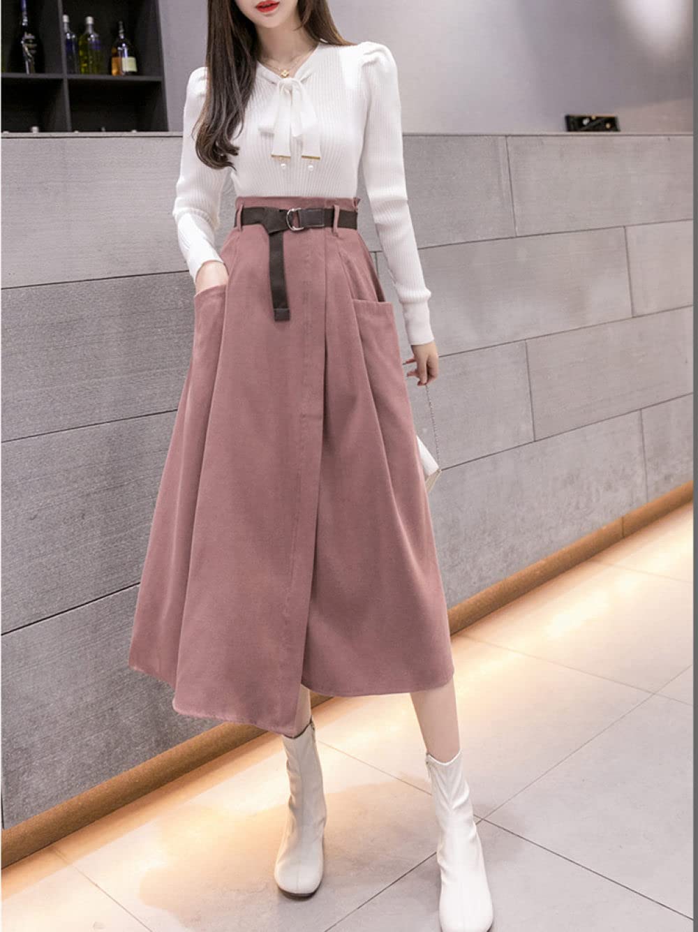 Faldas De Invierno para Mujer, Falda De Invierno Rosa para Mujer Cintura Elástica Falda Midi De Talle Alto con Bolsillos Cinturón Faldas Fruncidas Informales El(As Shown M)