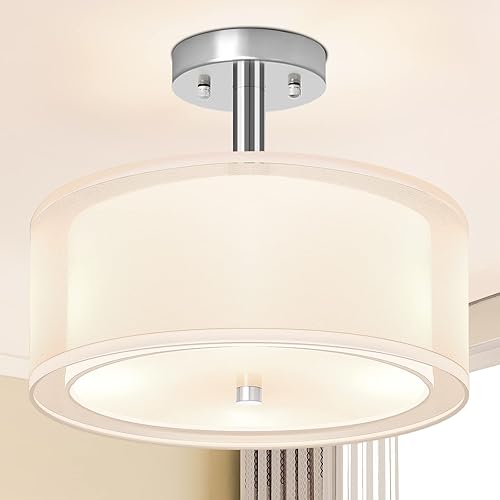Lámpara de techo semiempotrada de 3 luces, lámpara de techo de 12 pulgadas con pantalla de doble tela, lámpara de tambor para dormitorio, cocina,