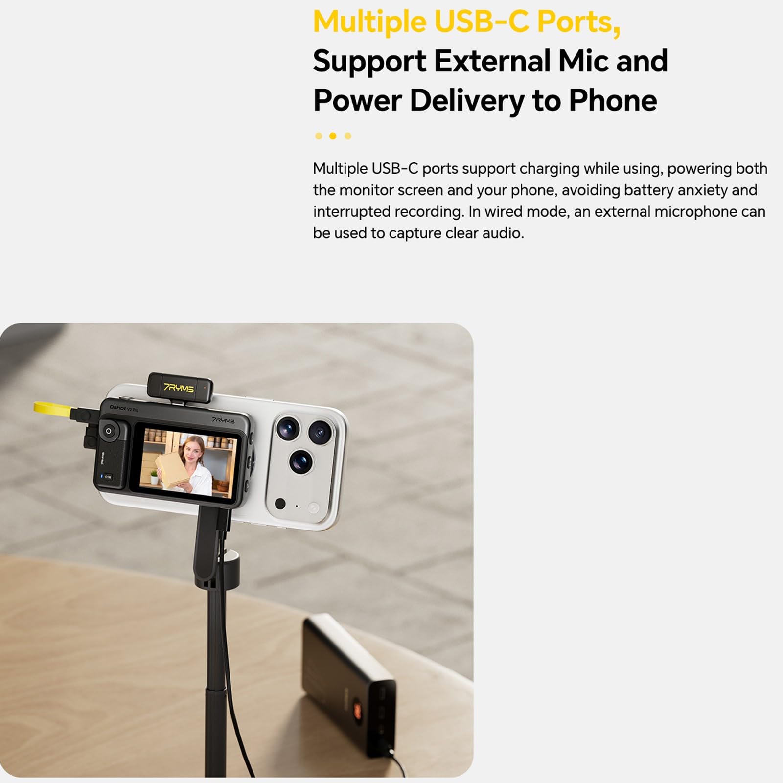7RYMS Qshot V2 Pro Écran de Surveillance Selfie 3,1" pour iPhone et Android - Modes Filaire/sans Fil, sortie 4K/60ips, Double Bande 2,4 GHz/5 GHz, Idéal pour les Vlogs et le Streaming en Direct - Noir | Modes Filaire/sans Fil,sortie 4K/60ips, Double Bande