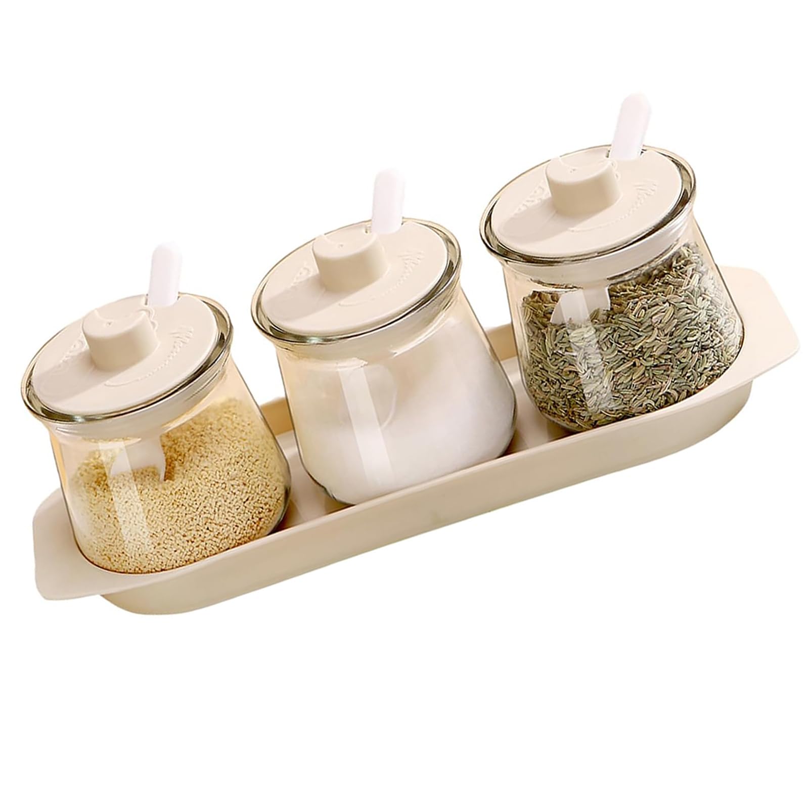 Docache Küchengewürz-Set mit Tablett - Klarer Gewürzbehälter mit Deckel und Löffel - Küchengewürz-, Salz-, Zucker- und Würzmittel-Organisationsset,3 Stück (Beige)