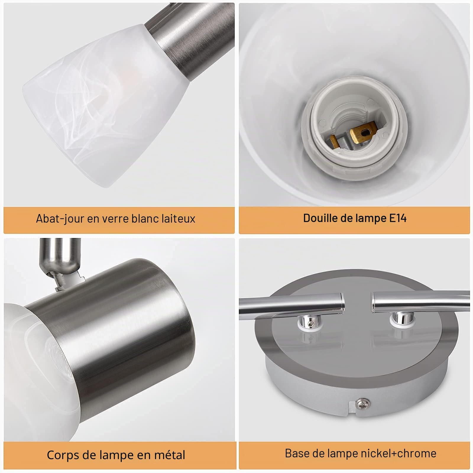 Plafonnier 6 Spots LED Orientable Verre, 230V Luminaire Plafonnier, Non incl. E14 Ampoule LED, Spot Plafond Luminaire 6 Spots Applique Plafond pour Couloir, Salon, Salle, Chambre Cuisine