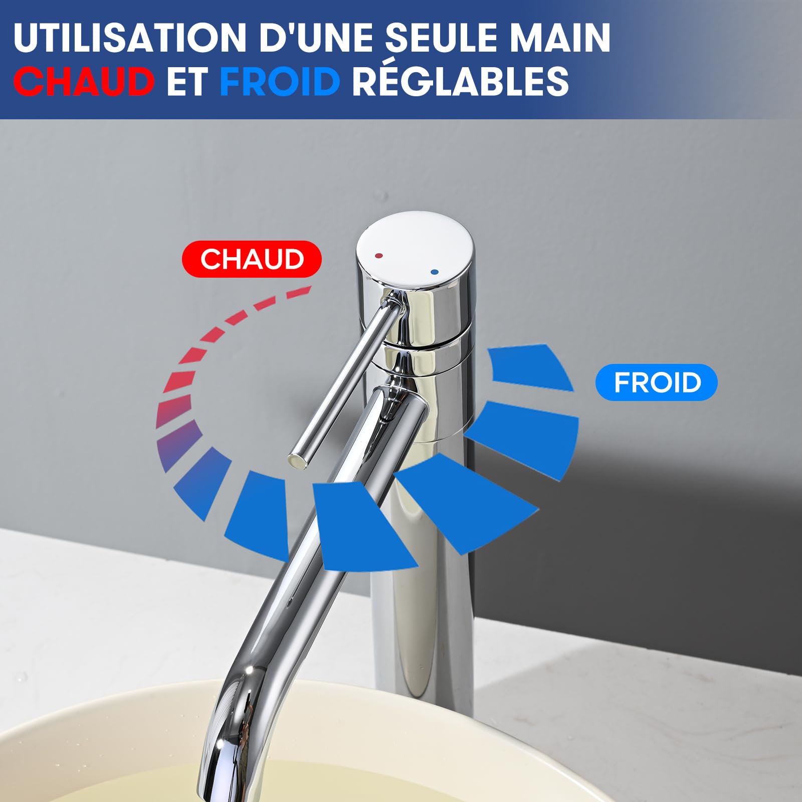 Mitigeur de Lavabo Haut Pivotant à 360°, BuntHaus Robinet pour Vasque à Poser, Robinet de Lavabo Salle de Bains, Chaud et Froid, Hauteur de Bec 204mm, Aérateur Amovible, Acier Inoxydable Chromé