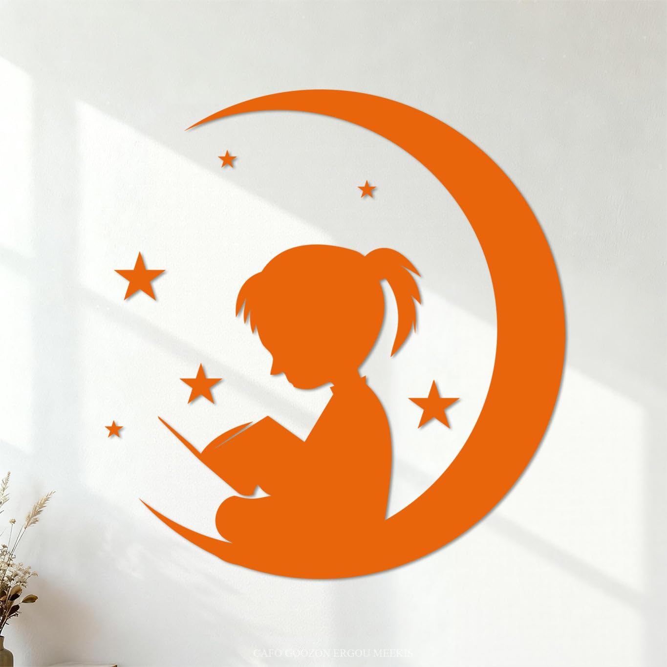 Moon and Girl Stars Reading Book Shop Store Nursery Wall Decals Paster Paper 72x76.5cm Car Body Decoration Orange โ image 1