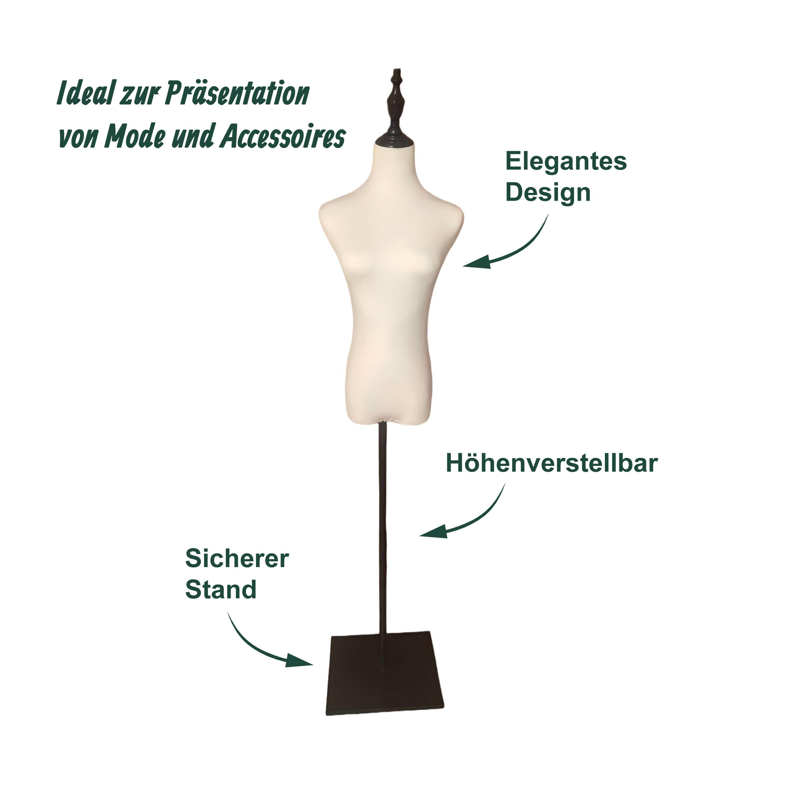Relaxdays Schneiderpuppe, weiblich, Größe 36/38, höhenverstellbar 140–175 cm, Metall Standfuß, Nähpuppe, weiß/schwarz