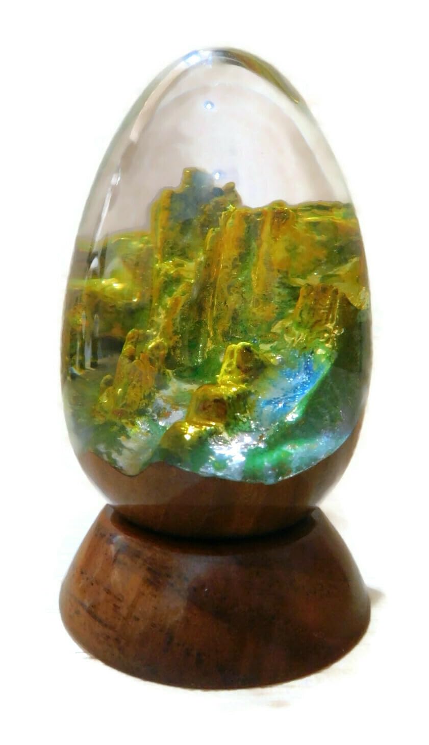 Brave Wings Hand Made Wood and Resin Egg ~ Green Rocky Hill 9.5cm High ~ Ornament Sculpture Figurine Statue Unique Table Decoration Home Decor Collectibles ~ 4963