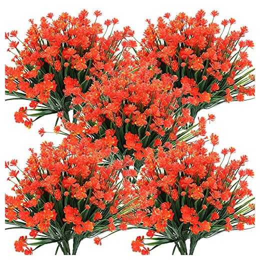 KLEMOO Artificial Flowers, 8 Bundles Fake Outdoor UV Resistant Greenery Faux Plants Shrubs for Indoor Outside Hanging Planter Home Office Wedding Farmhouse Decor (Orange Red)