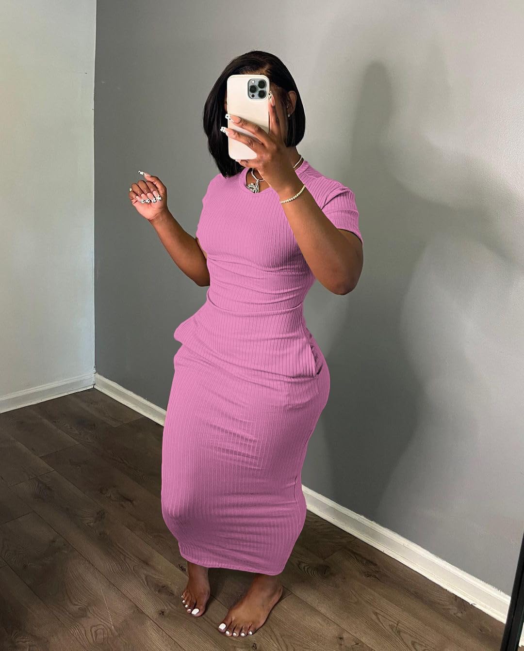 Women's Casual Short Sleeve Dress T Shirt Bodycon Dresses Ribbed V Neck Maxi Sundress Basic Party Club Dress with Pocket - Image 2