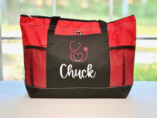Bolso Tote personalizado rojo y negro para enfermera miniatura 2