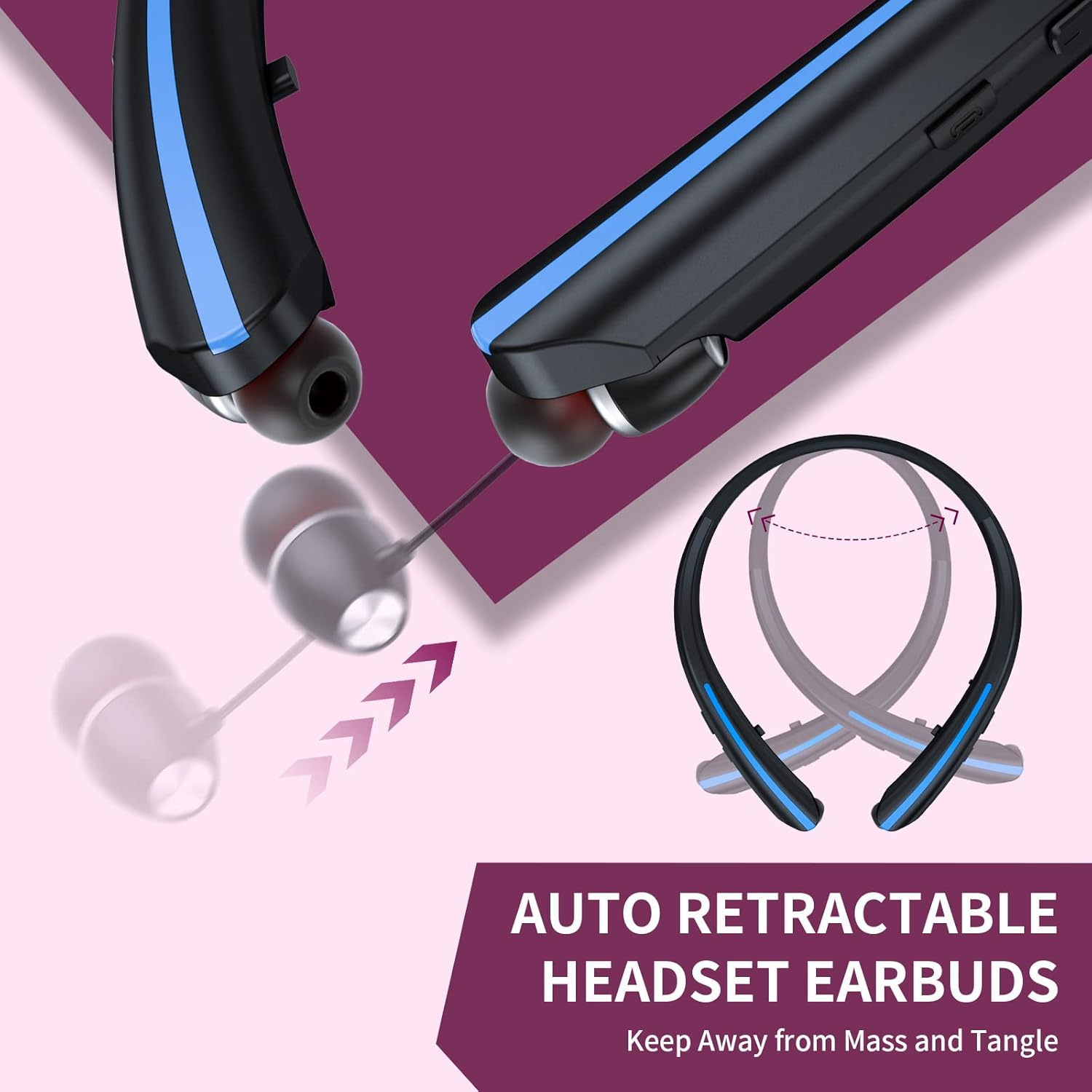 Bluetooth Headphones Retractable Neckband, Wireless Earbuds Bluetooth Headset with Microphone Vibration Call, Stereo Noise Cancelling Earphones (Black Blue) - Image 2
