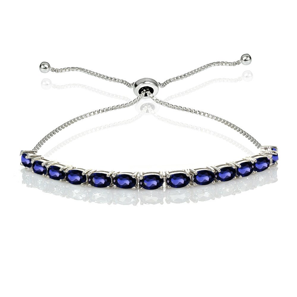 B. BRILLIANT Sterling Silver 5x3mm Oval Genuine or Created Gemstone Pull-string Adjustable Tennis Bracelet for Women