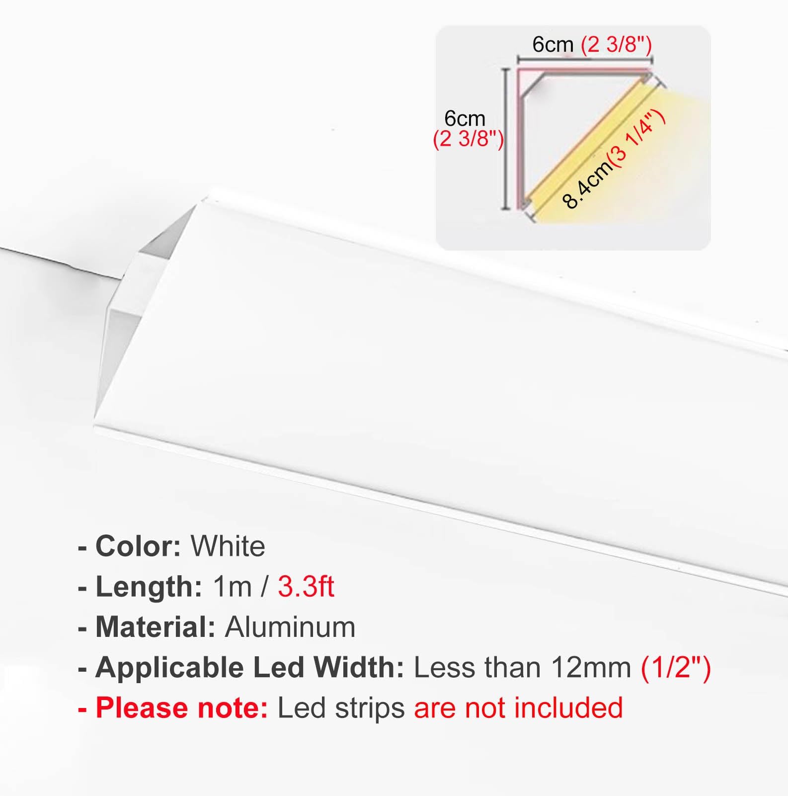 Profili per Strisce Led Canale in Alluminio per Illuminazione Indiretta a Led per Angolo, Profilo a Led per Modanatura a Corona, Binario per Illuminazione a Battiscopa, Diffusore per Illuminazione(Whi
