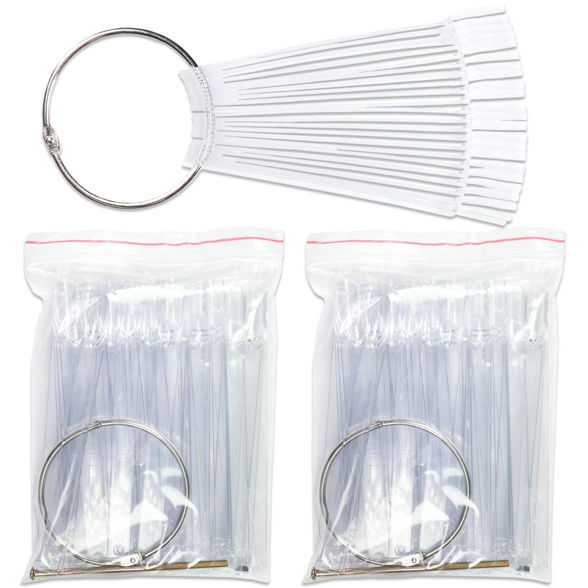 Beauticom® 150 Clear Acrylic False Tip Sticks with Metal Ring Holders Fan-Shaped Nail Art Display Chart Practice Tips Tool - 150 Tips