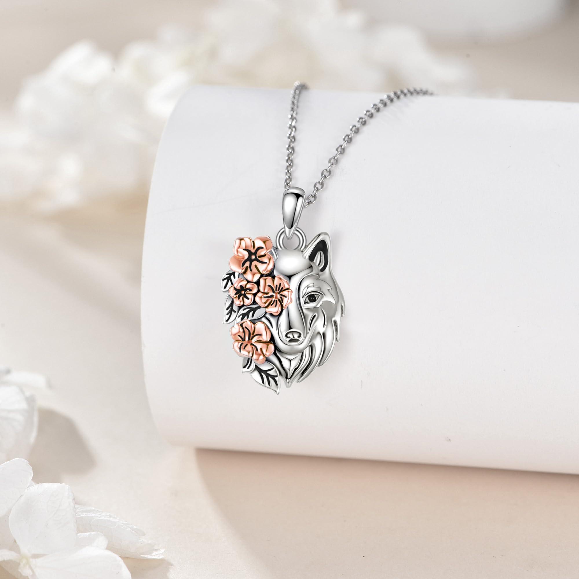 YAFEINI Wolf Anhänger Halskette 925 Sterling Silber Blume Wolf Kopf Halskette Tier Schmuck Geschenke für Frauen