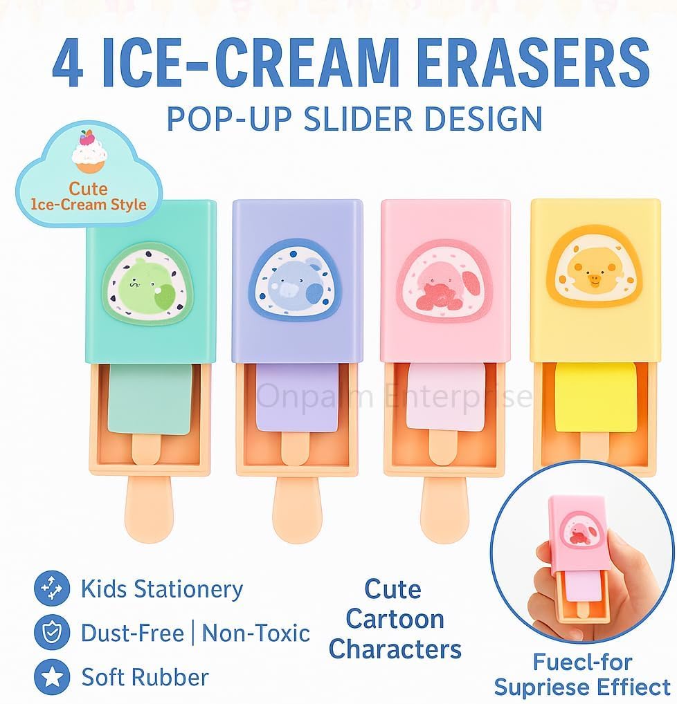 Cartoon Shaped Cute Erasers Push Pull Design Retractable Erasers Pastel Aesthetic Pencil Cute Rubber for Kids Students School Stationery (Candy Eraser (Pack of 4pcs))