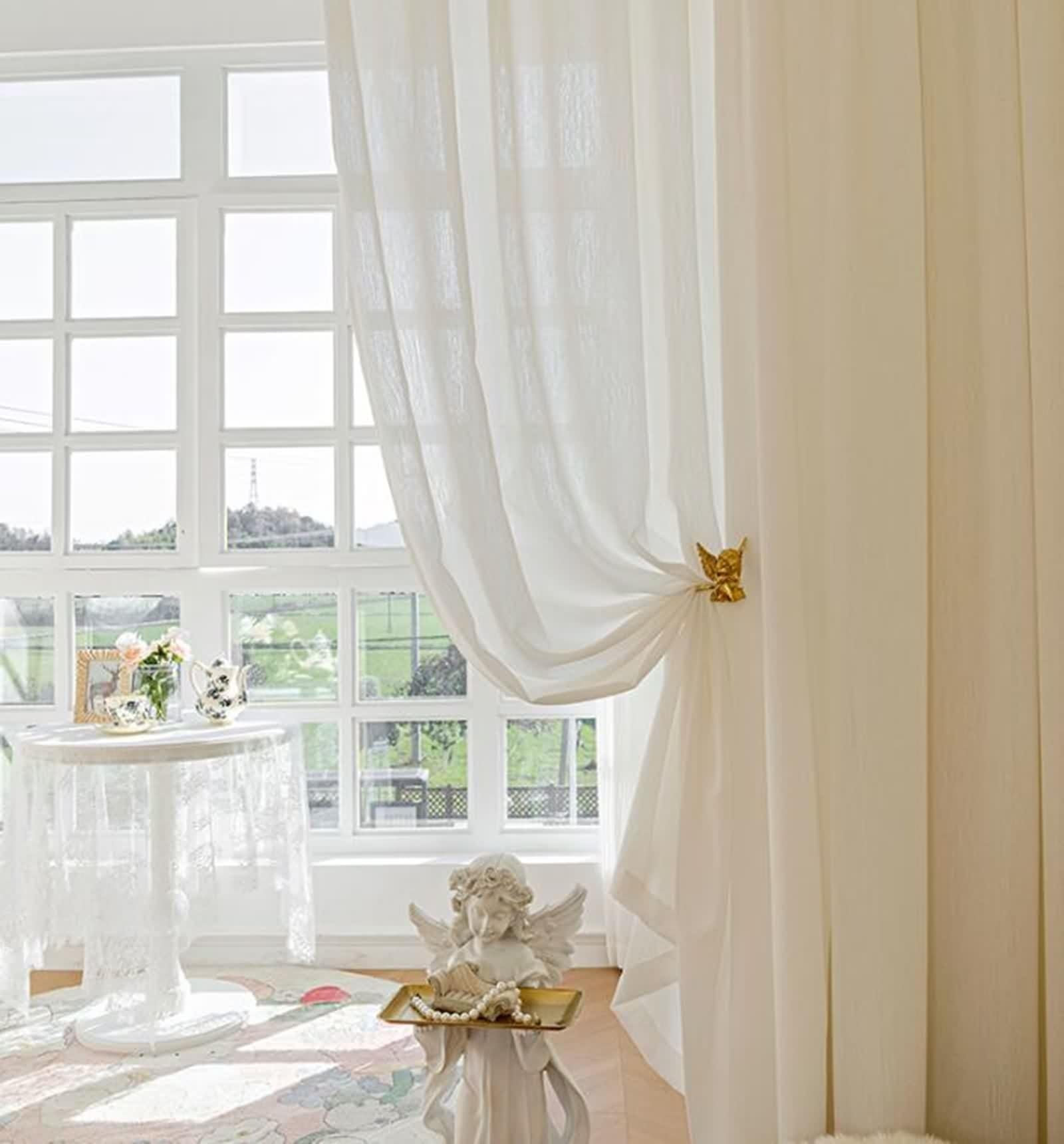 Rideau Voilage Blanc, Rideau Fenetre Longue Polyester Coton Couleur Unie Lot de 2 LxH 102x244cm