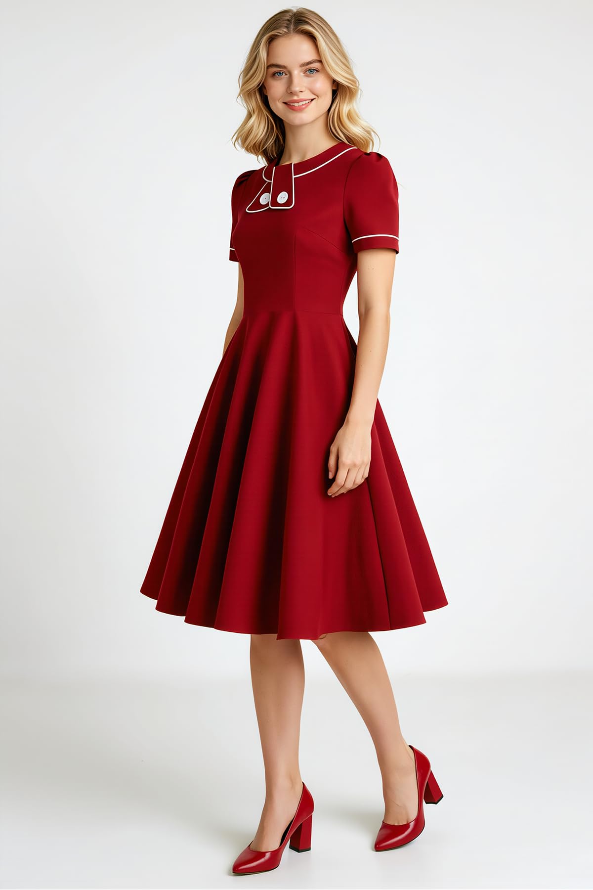 AXOE Femme Robe Vintage Année 50 Rockabilly Chic Robe de Cocktail Rétro Élégante Col Rond Manche Courtes pour Soirée Événement Guinguette