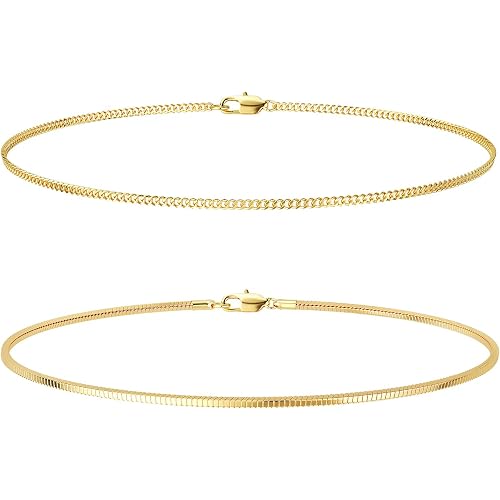 Moodear Stack 6.5Inches Chain Men Bracelet - Thin 14K Gold Plated 2mm Snake Cuban Bracelet Sets for Mens Trendy Jewelry Gift