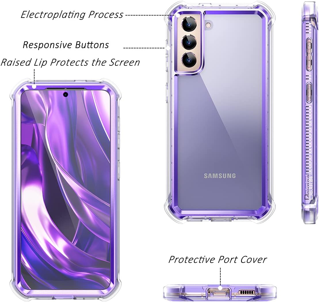 Dexnor Compatible with Samsung Galaxy S21 Case with Screen Protector Electroplated Frame Clear Back Cover Rugged 360 Full Body Protective Shockproof Heavy Duty Bumper for Women -Metallic Purple