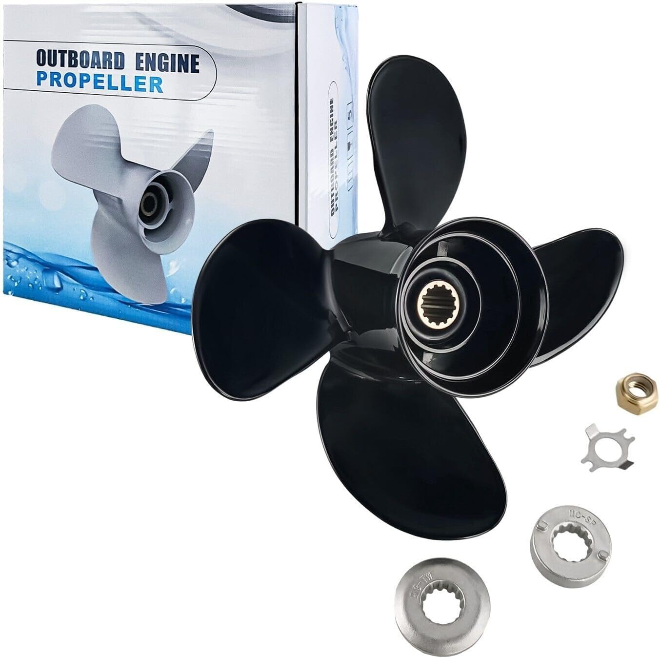 MARKGOO Propeller 10.3X13 Pitch 4 Blades RH 13 Spline Tooth with Hub Kit for Mercury Spitfire Outboard 25 30 35 40 45 48 50 55 60 70 HP Boat Motor Engine Parts Aluminum Prop 48-8M8026630