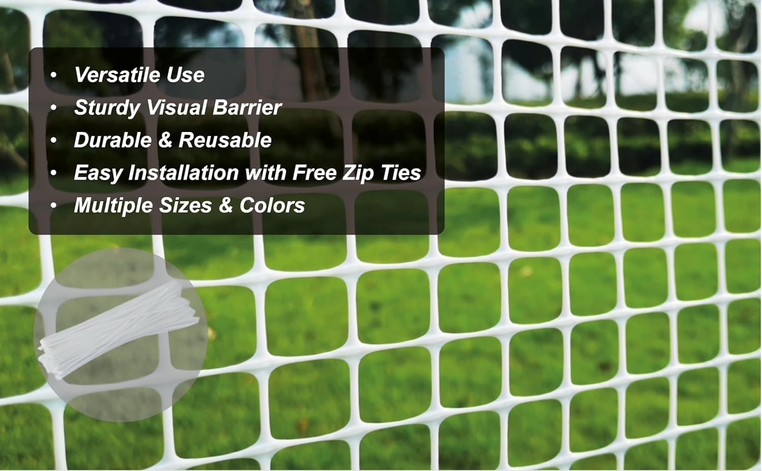 potatolife plastic hardware mesh netting, garden netting, temporary fence, tree guards, safety net for balcony, deck, stair railing, animal barrier, poultry, deer, with 50 zip ties, 40'' x 25', white 40'' x 25' white