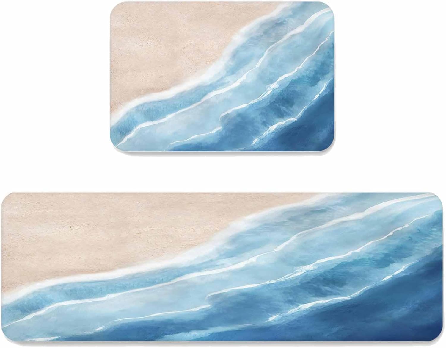 Summer Blue Beach Wave Kitchen Mats Set of 2 Coastal Nautical Watercolor Gradient Ocean Sea Non Slip Mat Washable Floor Rug for Kitchen Sink Floor Laundry, 19.7"x31.5"+19.7"x47.2"