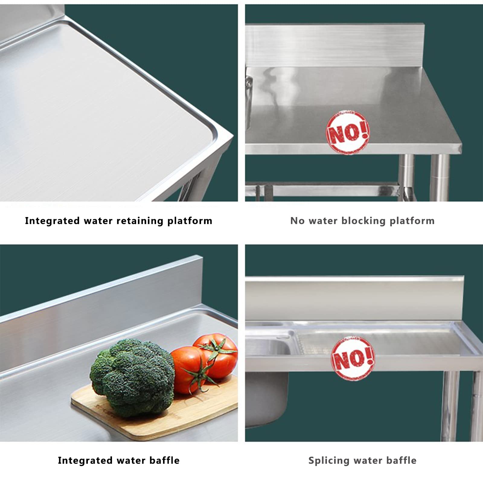 Lavandino a una vasca in acciaio inox, lavello di servizio a libera installazione, lavello da cucina per ristoranti commerciali, con banco di lavoro e ripiani di stoccaggio(120cm/47in,右)