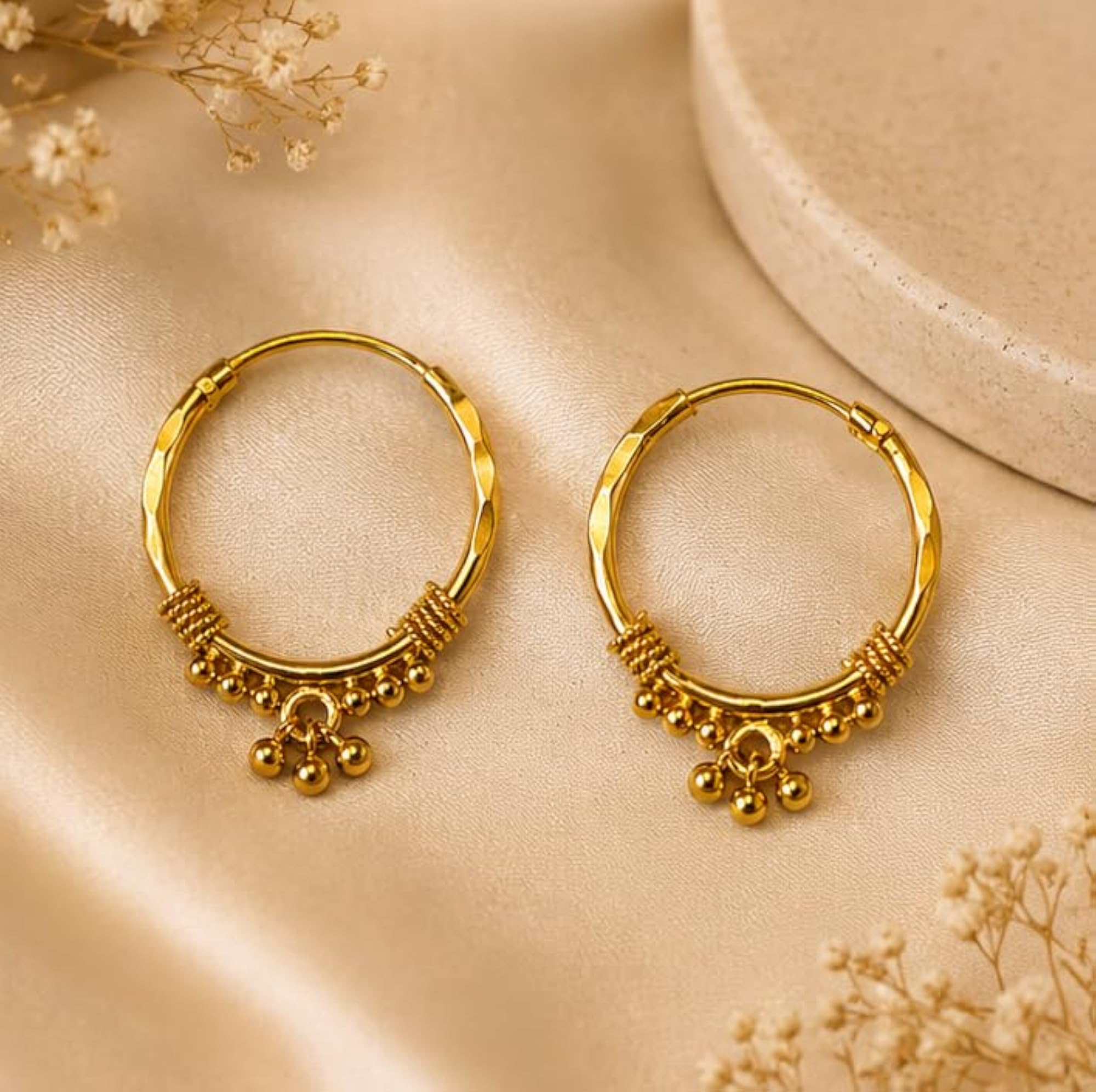 Women's Gold Filled Beaded Hoop Earrings, Traditional Dangle