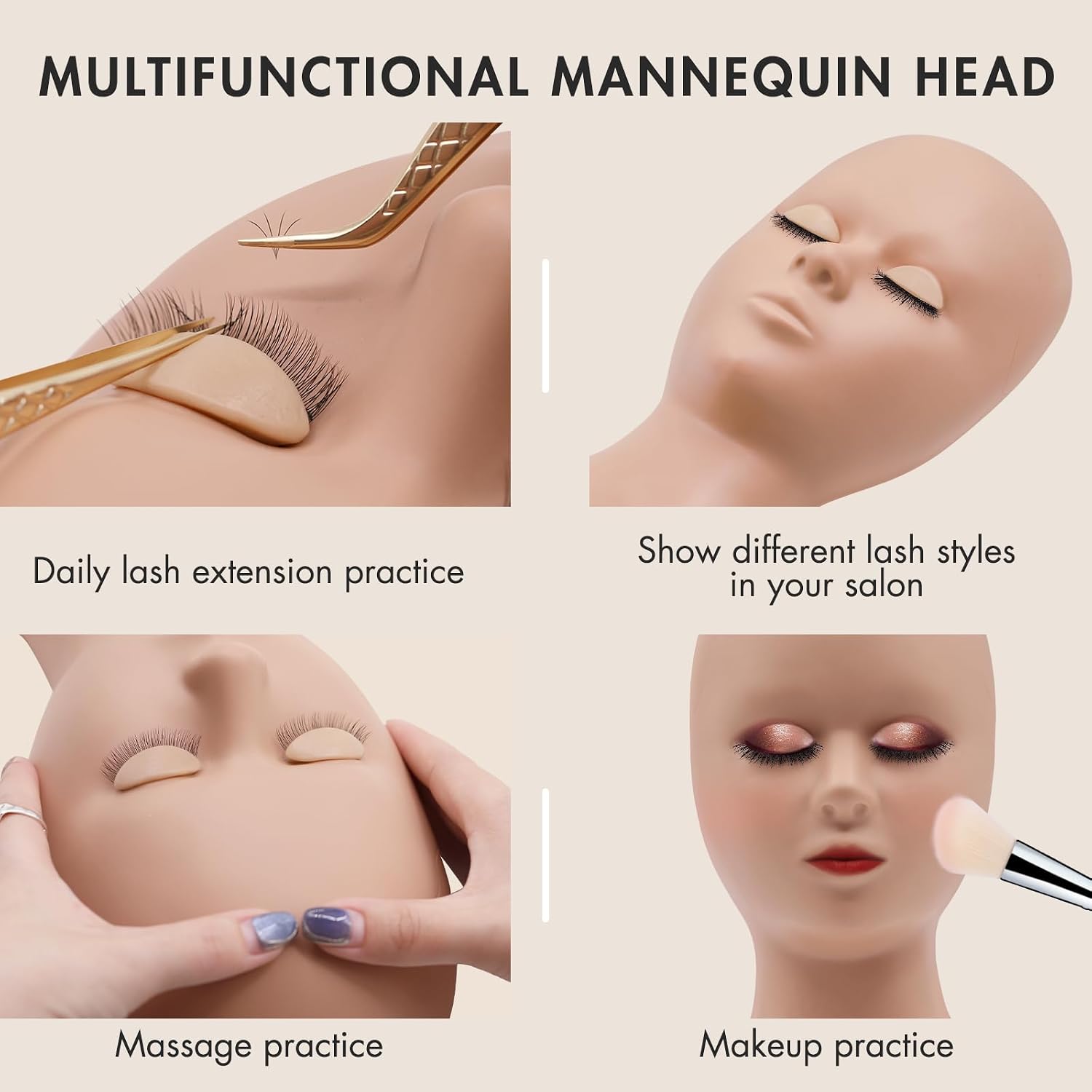 Lash Mannequin Head for Eyelash Extensions with 2 Layers Replaced Eyelids Double Layer Replacement Eyelids for Lash Practicing and Training Lash Supplies (1 Head +3 Pairs Eyelids)