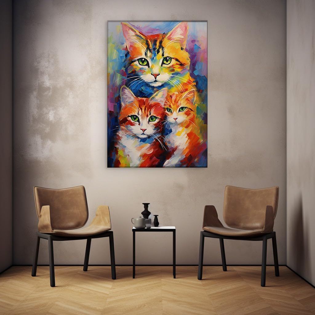 Canvas for Living room. Whiskers and Brushstrokes: The Triumvirate of Feline Elegance, 27 x 18 inch Canvas Wall Art - Ready to Hang - 69x46 cm (27x18 inch)
