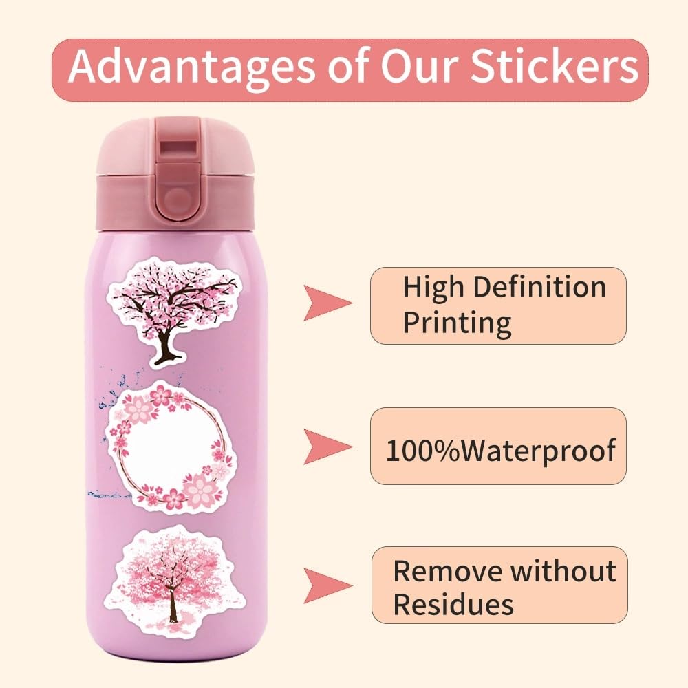 Sakura Stickers for Laptop(50 PCS),Gift for Children Teens Adults Girl Boys,Oriental Cherry Waterproof Stickers for Skateboard,Scrapbook,Bike,Phone,Computer,Luggage Water Bottle Guitar - Image 4