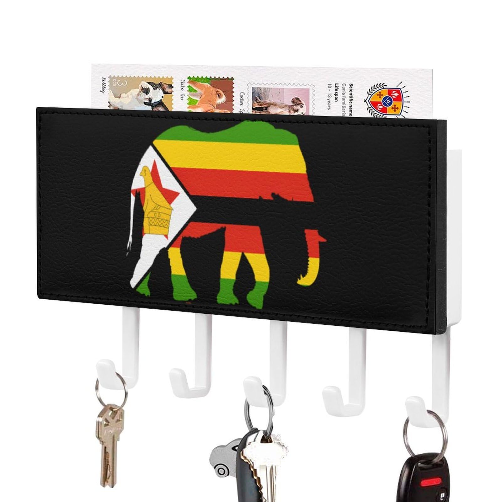 NCLQVJXZKHW Zimbabwe Flag African Elephant Key Holder with 5 Hooks Key Hooks Wall Mounted Key Racks Key Hanger Organiser Shelf
