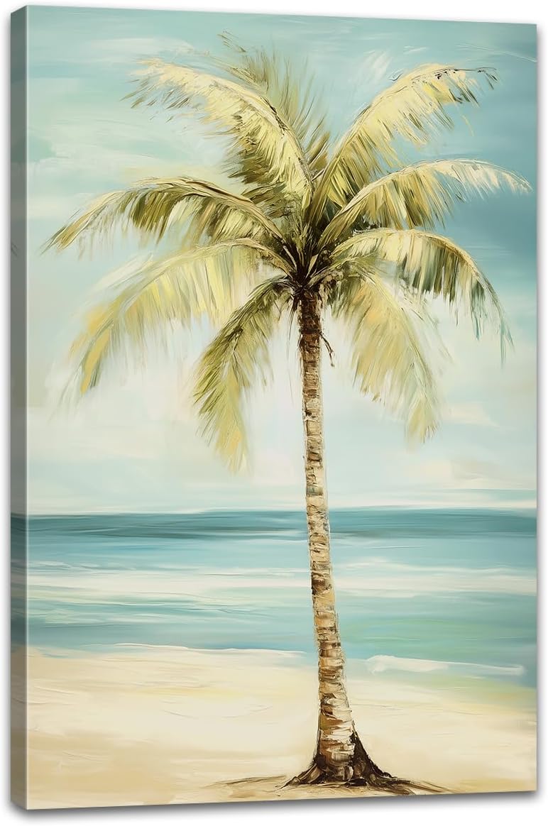 Tropical Beach Canvas Wall Art Palm Tree Pictures Wall Decor Ocean Landscape Painting Prints for Living Room Bedroom Bathroom Decor Framed(Tree-2,16L x 24W)