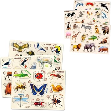 QUOKKA Wooden Animal Puzzle Bundle 6X Puzzles for Toddlers Ages 1-5 Educational Wood Toys with Birds, Insects & Animals