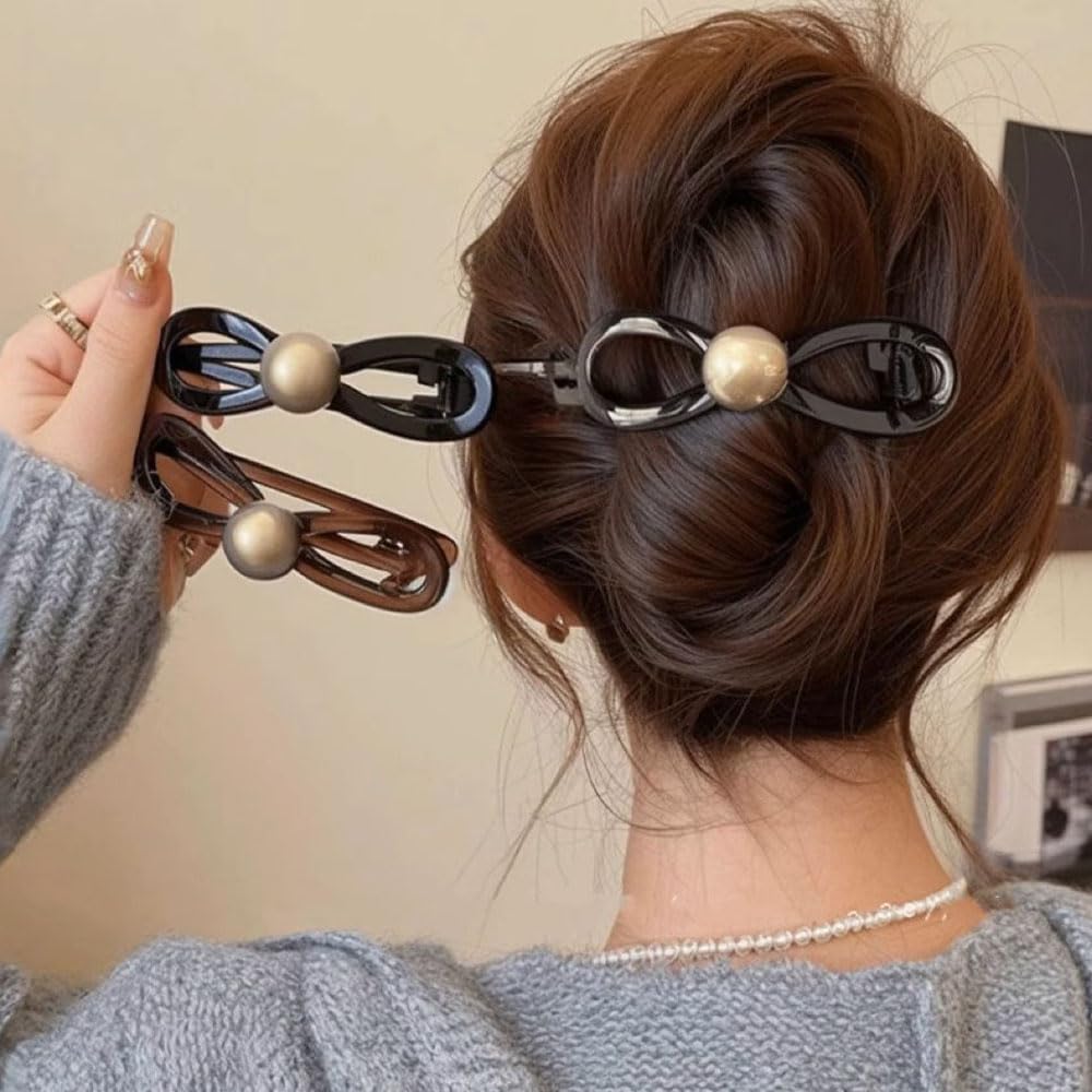 Elegant Pearl Bow Twisted Hair Clips For Women 4.33IN Black Coffee Colors Bowknot Twist Barrettes Hair Clip Cute Twist Bow Claw Clip Hairclips Non Slip Flat Claw Clips For Thin Thick Hair Accessories - Image 4