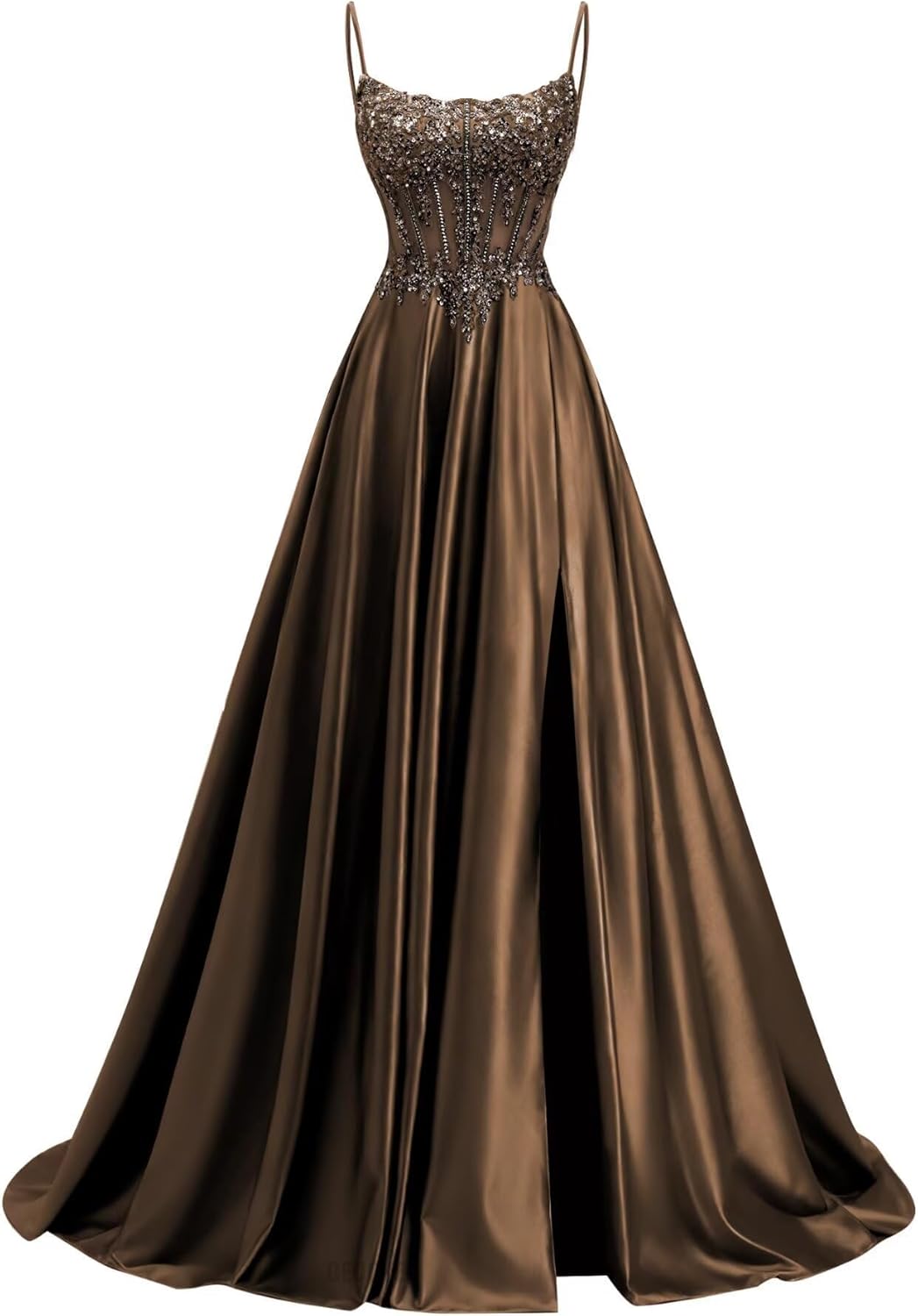 Spaghetti Strap Satin Prom Dresses Long Beaded A-Line Evening Gown Lace Applique Formal Dress with Slit