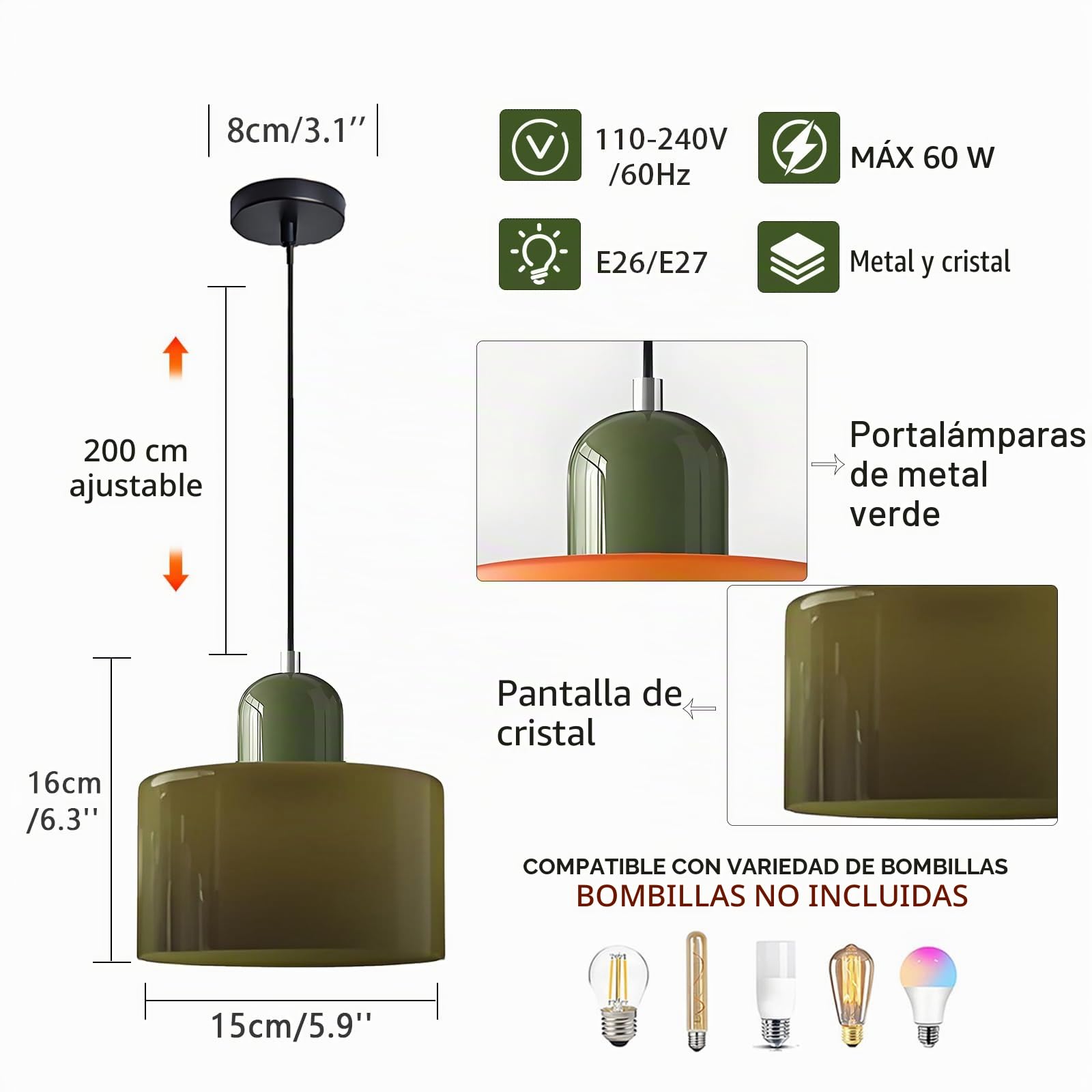15cm Lámpara Colgante de Vidrio Estilo Escandinavo, Lámpara de Techo E27, Altura Ajustable, Metal y Vidrio, Iluminación Moderna para Cocina, Comedor, Salón, Bar, Cafetería (Verde Oliva)
