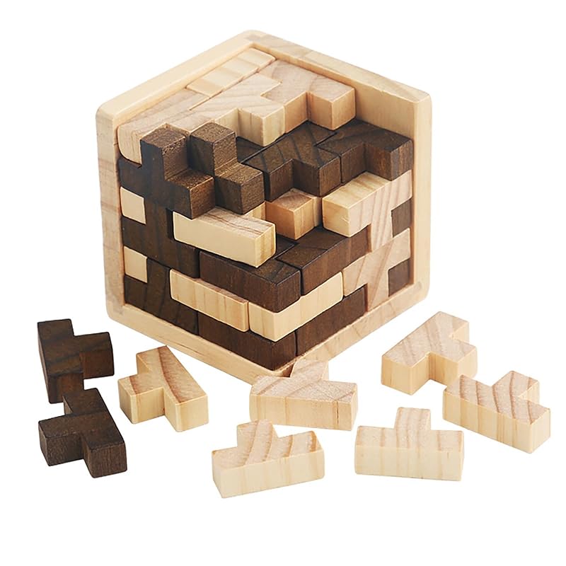 Ahyuan Wooden Brain Teaser Puzzle Cube Wooden Puzzles T-Shaped Jigsaw Logic Puzzle Educational Toy for Kids and Adults by AHYUAN (Brown and Natural)