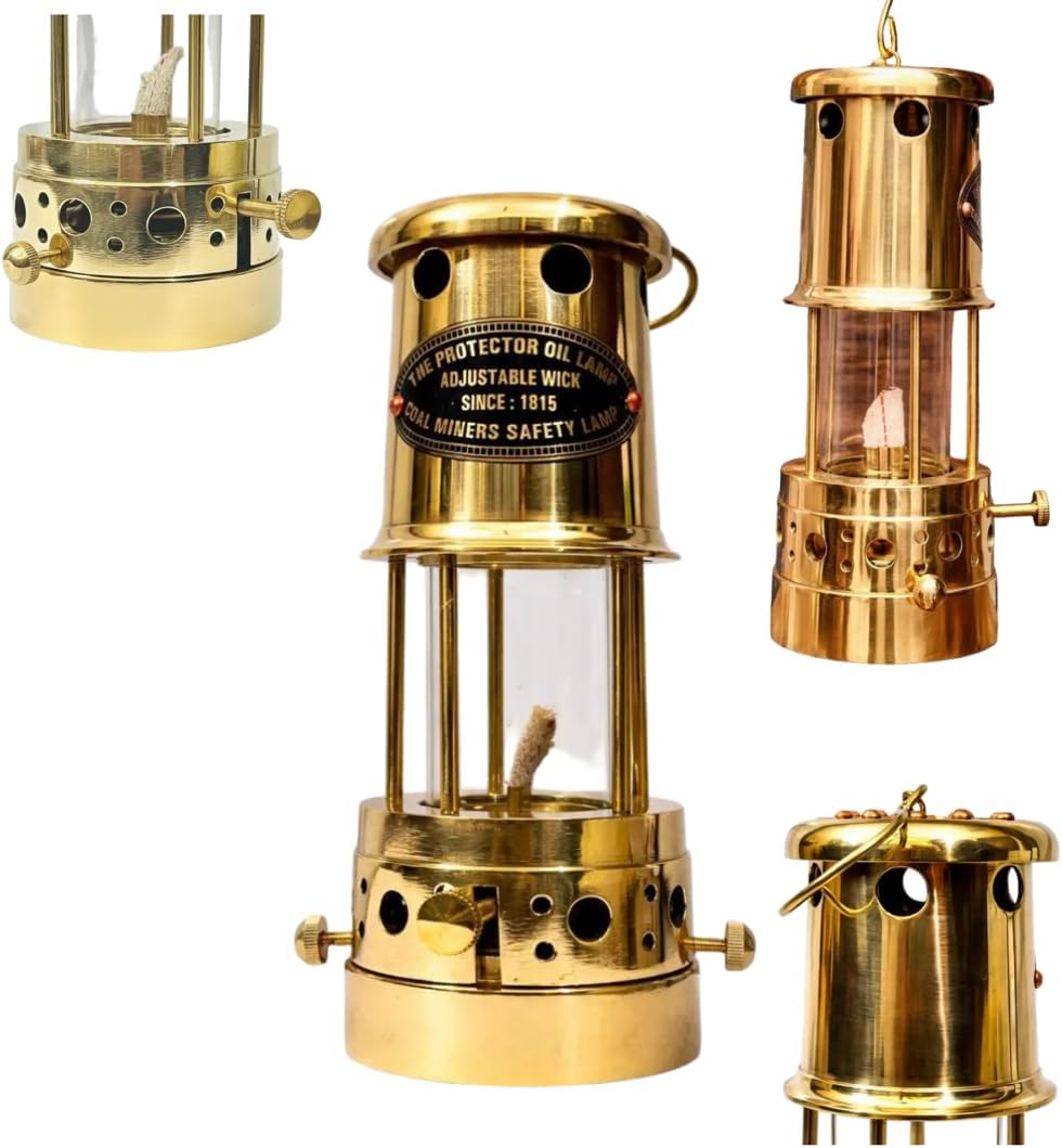 Brass Miner's Safety Lamp, Coal Miners Oil Lamp Replica, 8 Inch Wall Decor, Adjustable Wick, 50ml Oil Tank, Vintage Nautical Theme