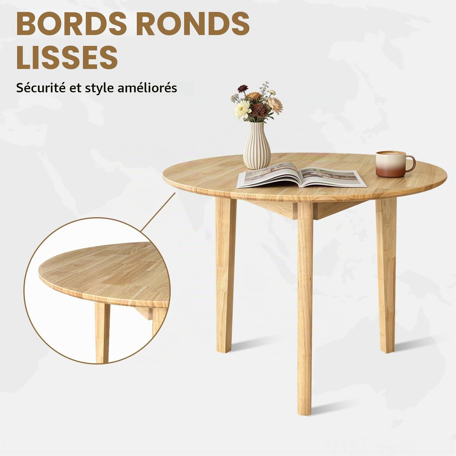Table à Manger Ronde QLLY en Bois Massif, Table de Cuisine, 80 cm, Naturel