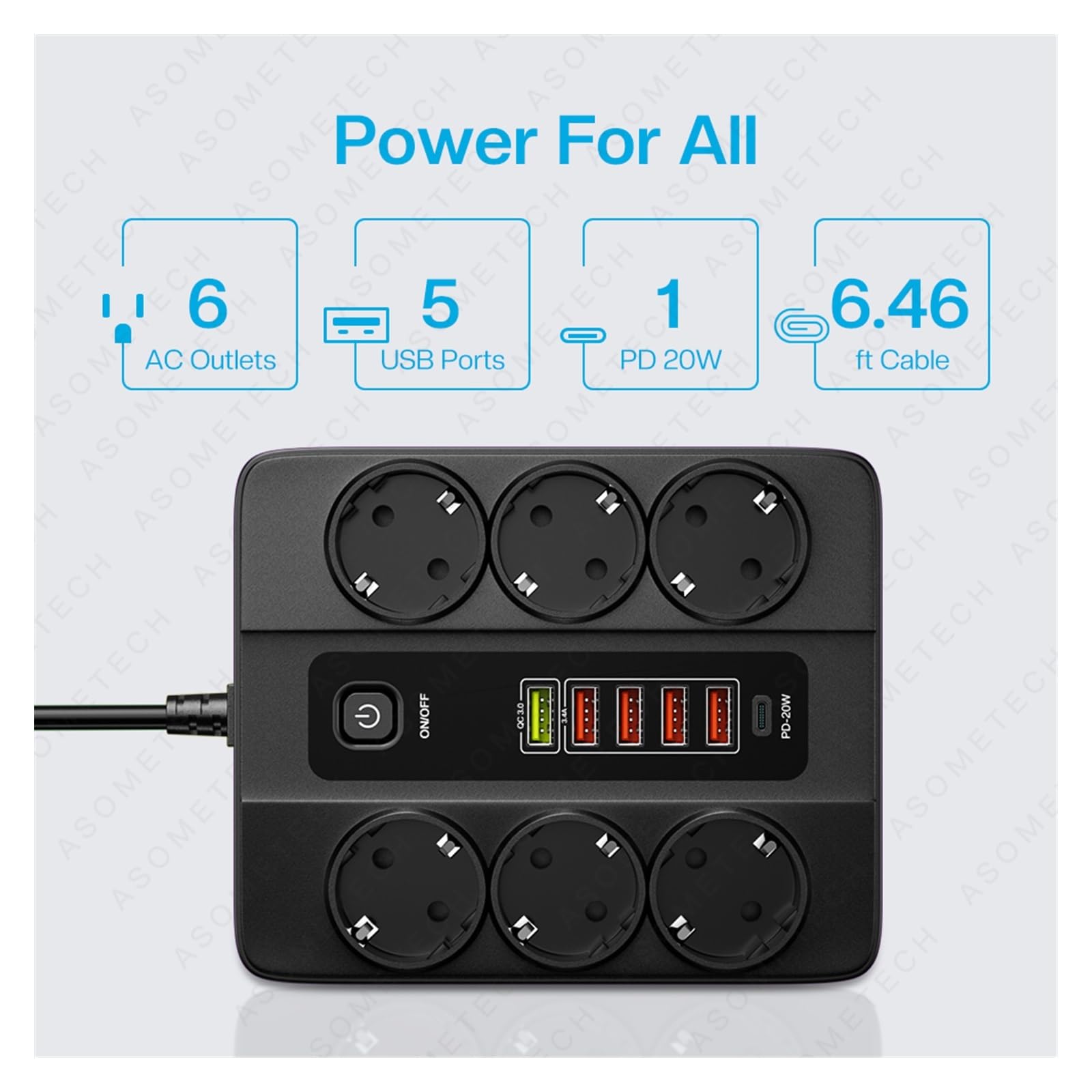 Cargador USB C Multiple, Tira de alimentación de 6 tomas de CA de 3000W, cable de extensión de 6 estaciones de carga USB, 2M PD 20W QC3.0, puerto USB, toma de corriente for cargador múltiple , Univers