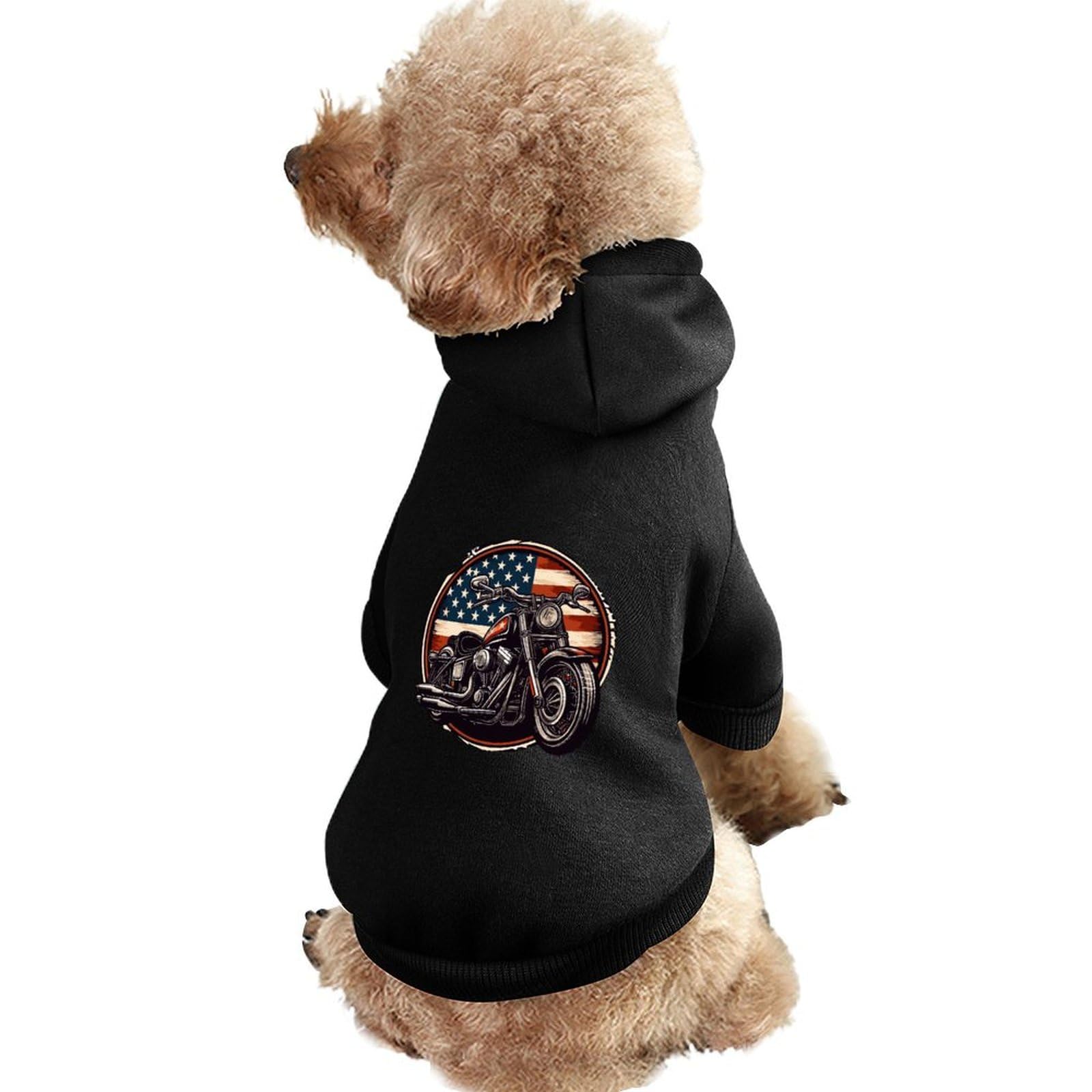 American Flag with Motorcycle Pet Hoodie Sweatshirt Cute Pet Clothes Warm Pet T Shirt for Dog Cat 2XL