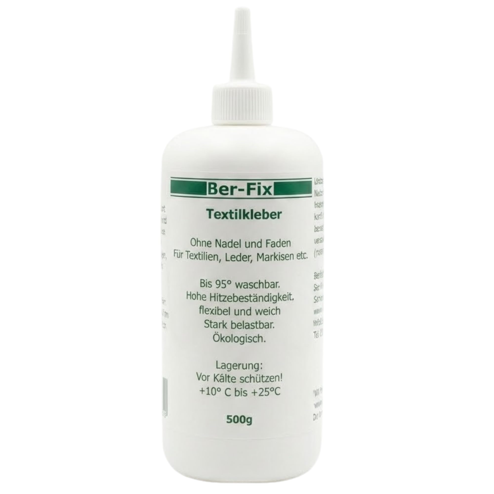 Ber-Fix® Textilkleber 500g XXL-Vorratsflasche – Wasserfester Stoffkleber extra stark – Transparenter Kleber für Stoffe, Baumwolle, Jeans, Filz, Leder & Markisen – Waschmaschinenfest