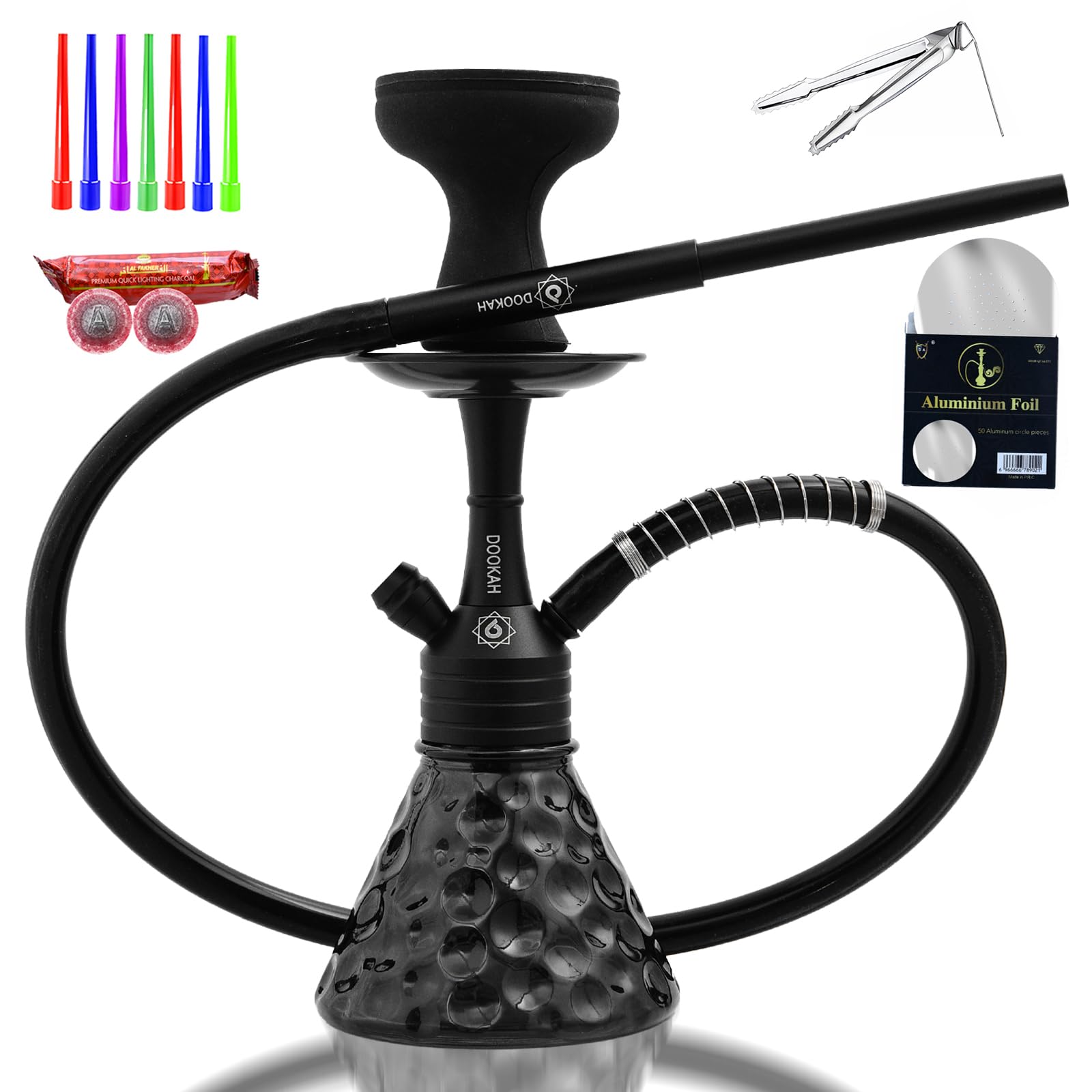 Portable Hookah Set with Everything Included - Thick Glass Mini Hookah Kit with 10 Coals 8 Mouth Tips