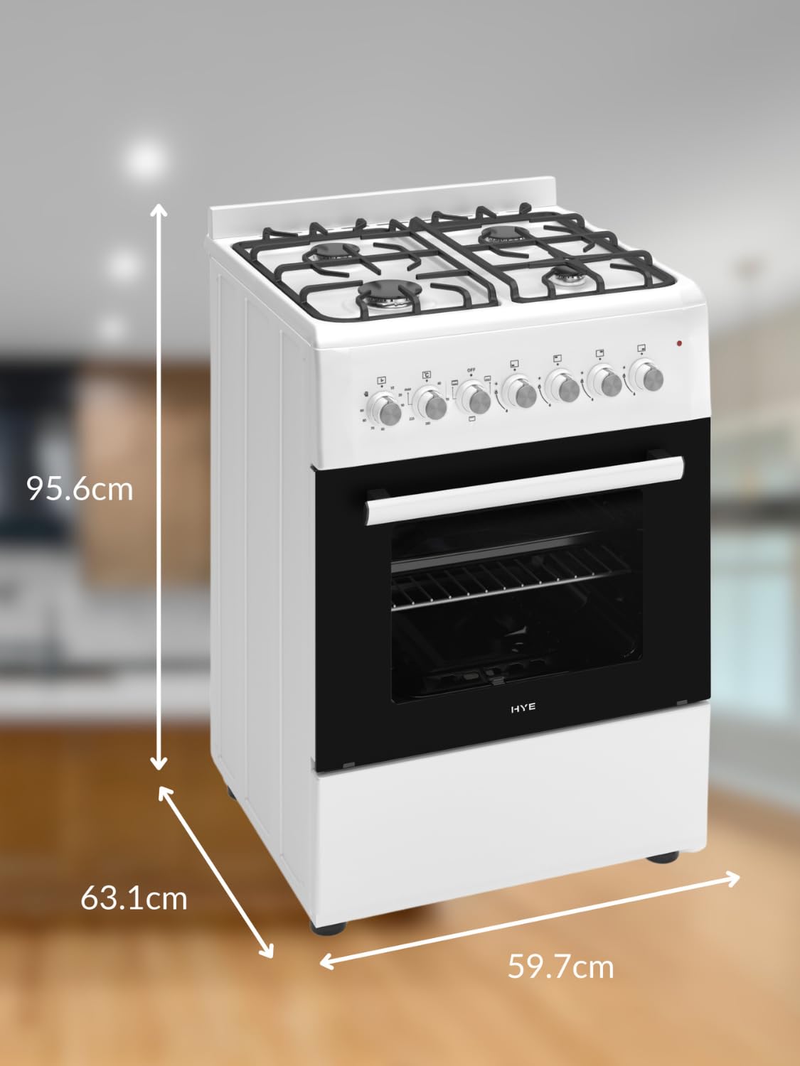 HYE Cooker - Gas Cooker With 4 Gas Burners, 62L Electric Oven, 60cm Width, Modern Freestanding Design, White, Ideal For Family Homes - C01FS60G17W — view 3
