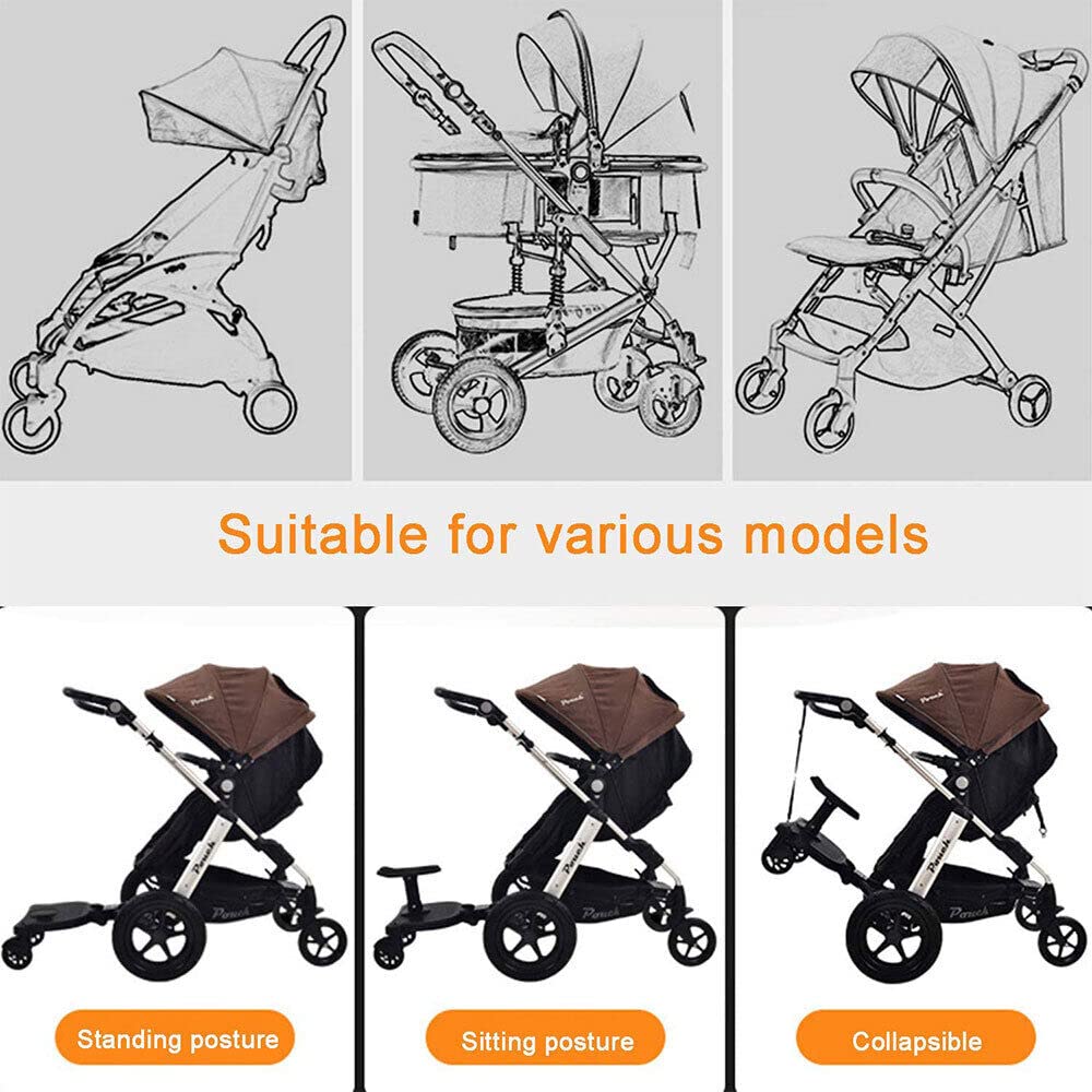 ColdShine Universal Buggy Board mit Sitz, Kiddy Board Trittbrett, Universal Stehbrett, 360°Zweirad Design, Kinderwagen Zubehör, mit Kinderwagensitz,Älter Von zwei bis sieben jahren,25 kilo höchstens
