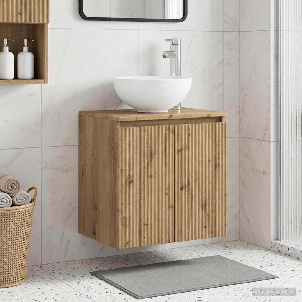 Lavabo da parete in rovere Artisan con lavandino, 49,5 x 41 x 64,5 cm, mobile da bagno in legno con vano portaoggetti e facile montaggio, per ospiti WC e bagno