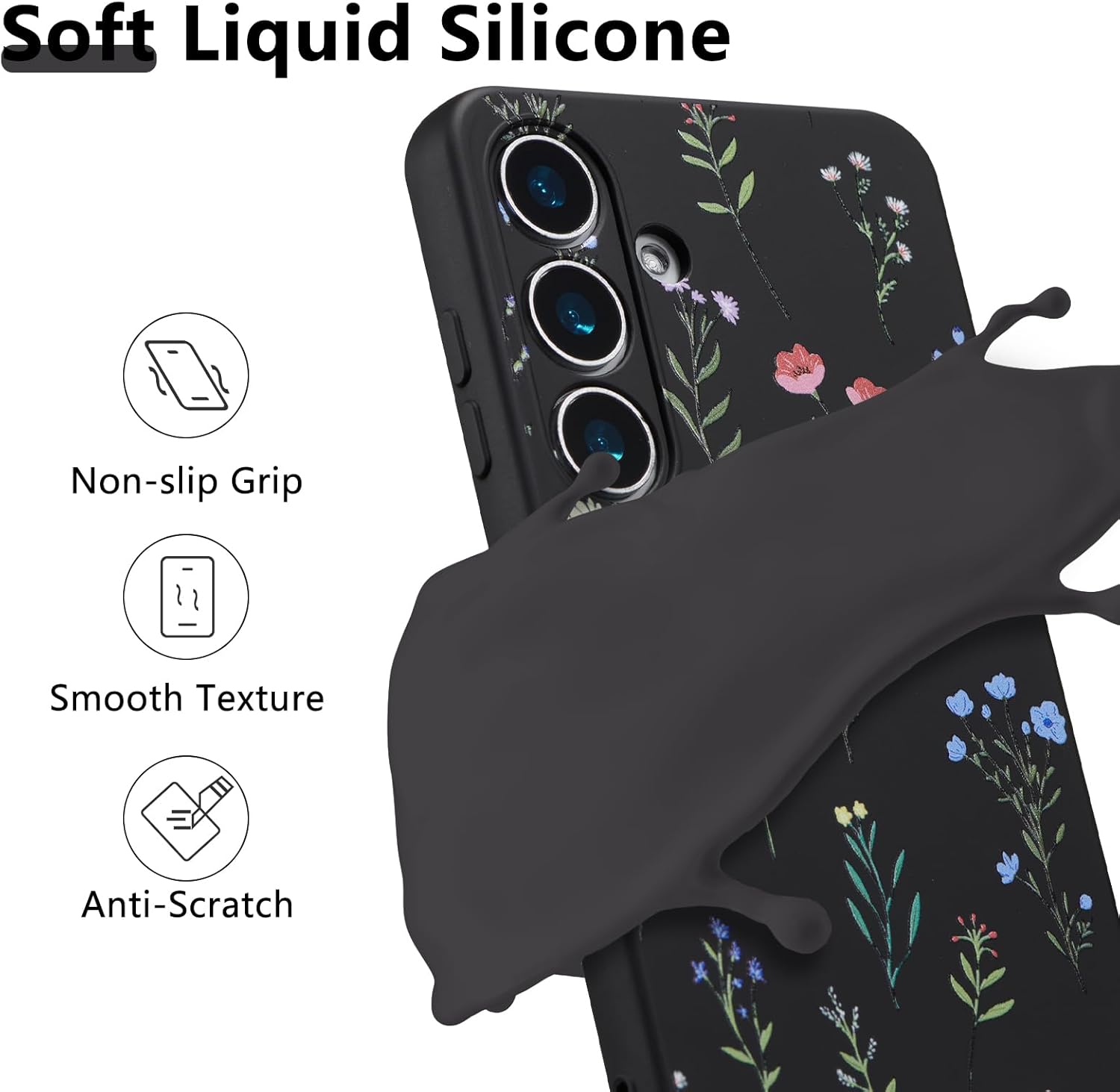 RALEAVO Case for Samsung Galaxy S25,Cute Floral Cover with Daisies Flower Pattern Liquid Silicone Phone Cover for Girls Women Slim Soft Rubber Protective for S25 Phone Case,Black - Image 2