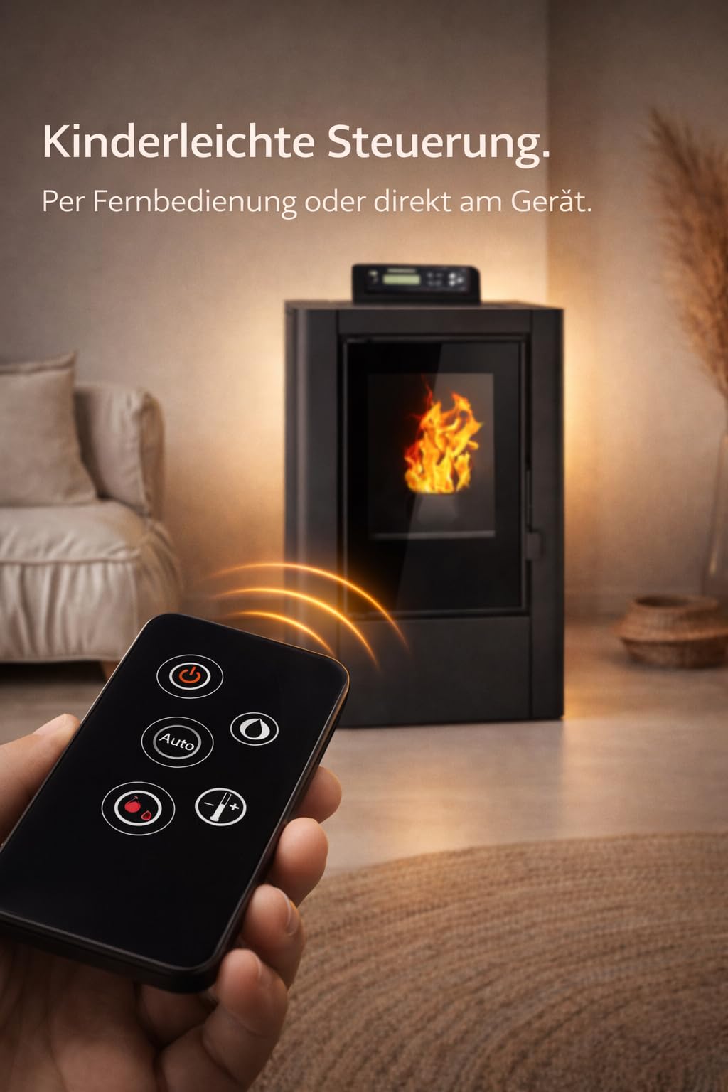 NEMAXX® P6Mi Estufa pellets 6 kW A+ hasta 120 m³,ciclo limpieza automático,modo ECO,programa semanal,mando a distancia,WiFi opcional,desconexión segura,protección vacío,sobrecalentamiento,Negro